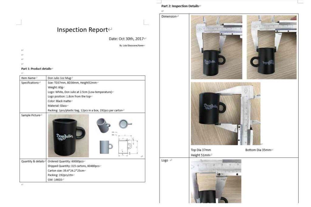 Rapport d'inspection de la mini tasse en verre